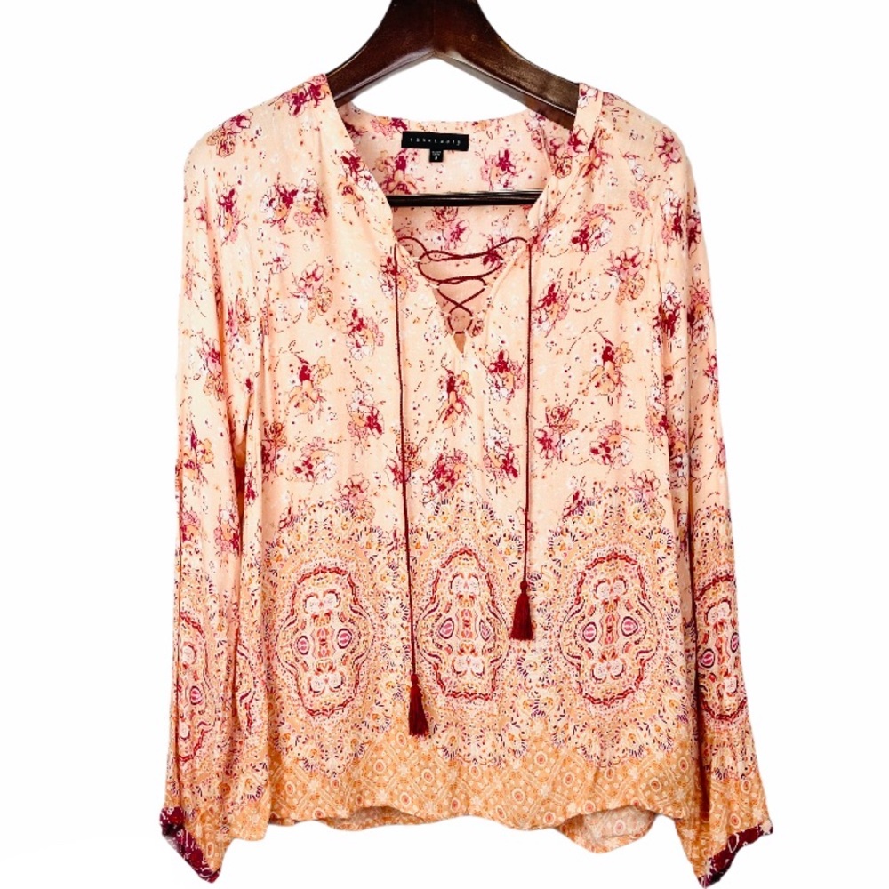 Sanctuary boho hippie Tie Front Blouse Orange Pink Relaxed oversized peasant top